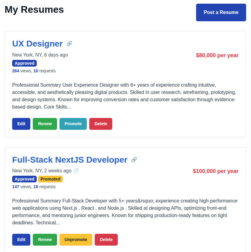 My Resumes Page