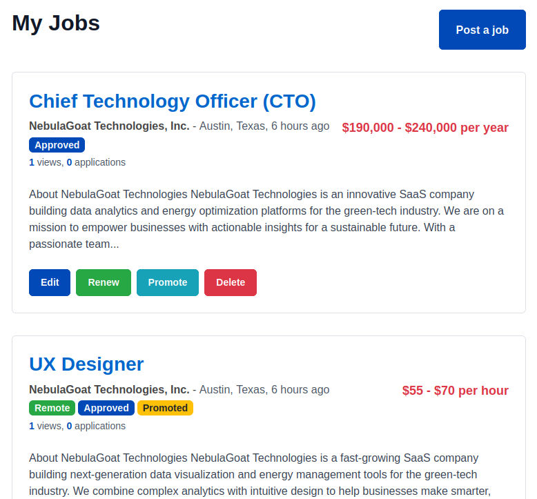 Employer Job Management Page